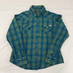 Powder River Outfitters Mens L Western Plaid Long Sleeve Shirt Pearl Snap Cotton